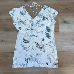 Orb Women's Graphic Print V-Neck Top Size L - White Sketch Doodle Art Tie-Back